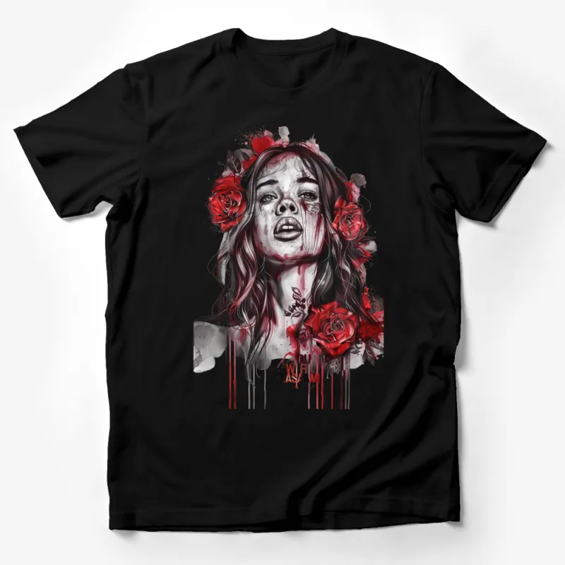 Women's Floral Art T-Shirt, Red Rose Graphic Tee, Watercolor Woman Face, Urban Style Shirt, Fashion Statement Top, Unique Artwork Apparel Male T-Shirt