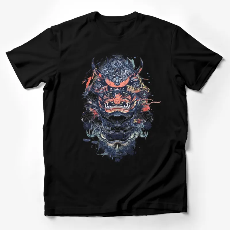 Japanese Style Demon Mask T-Shirt, Samurai Oni Graphic Tee, Urban Streetwear Clothing, Unique Tattoo Art Shirt Design Male T-Shirt