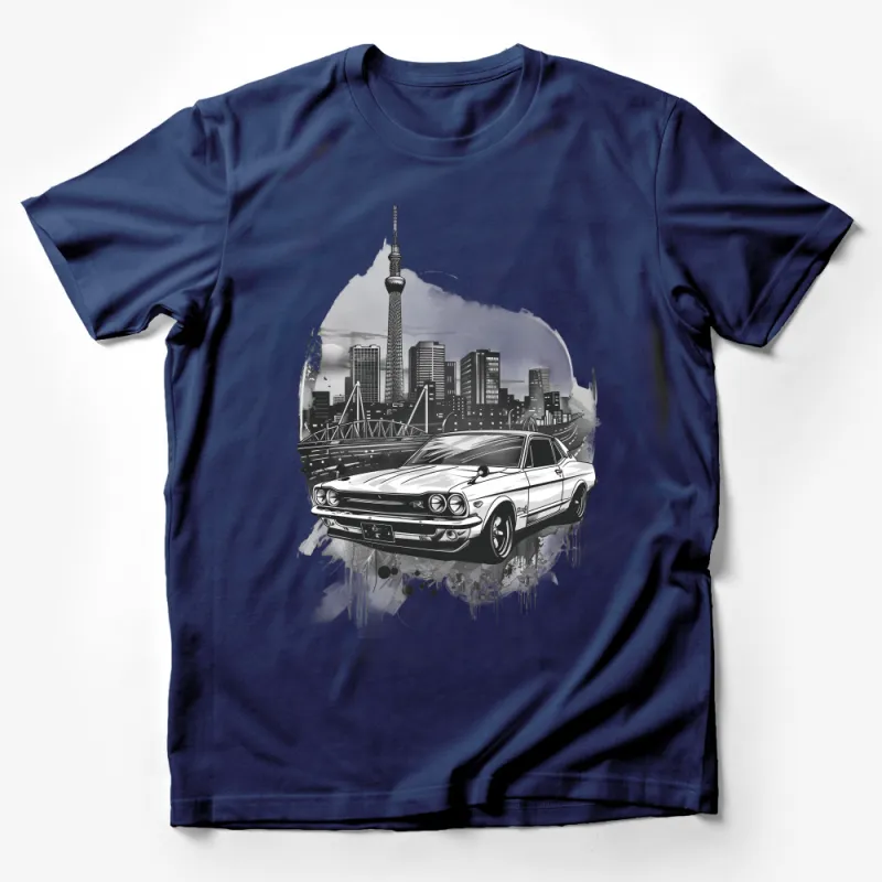 Vintage Car T-Shirt, Classic Muscle Automobile Tee, Urban Skyline Graphic Shirt, Retro Vehicle Fashion, Men's Urban Style Top, Gift Idea Male T-Shirt