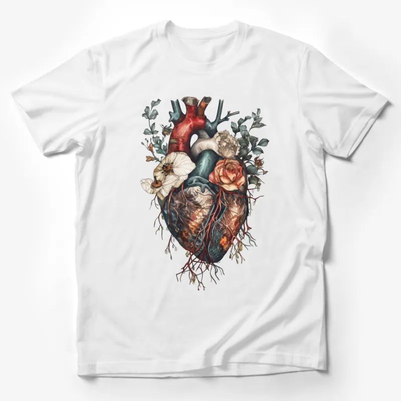 Anatomical Heart T-Shirt with Botanical Illustration, Floral Heart Tee, Nature Science Art Shirt, Unique Graphic Tee for Men and Women Male T-Shirt