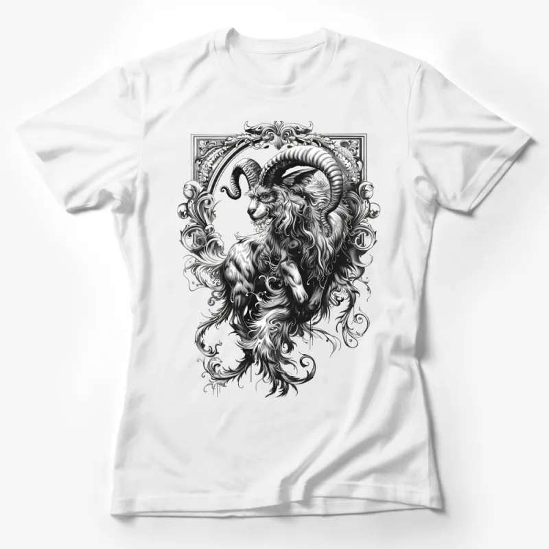 Gothic Ram T-Shirt, Mythical Aries Tee, Black and White Fantasy Animal Top, Unisex Zodiac Fashion, Artistic Capricorn Inspired Shirt Female T-Shirt