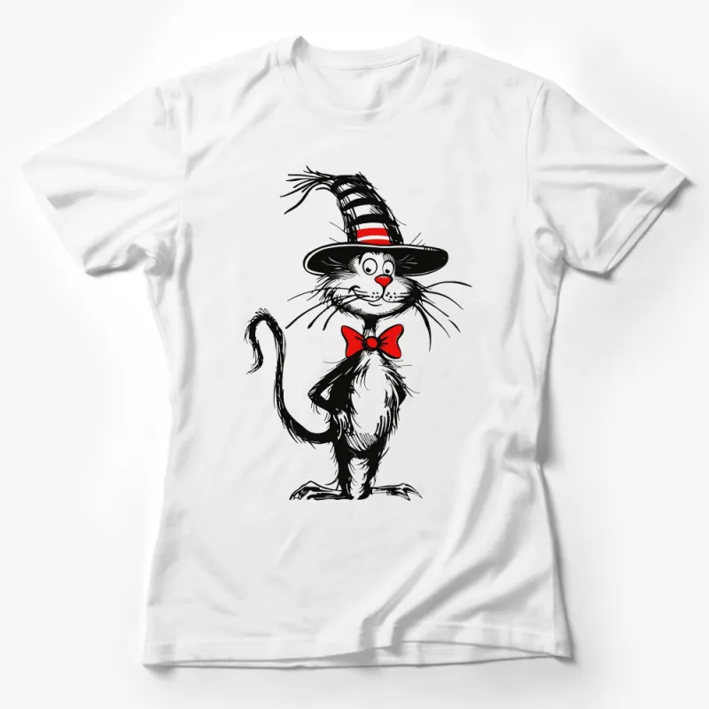 Whimsical Cat with Hat T-Shirt, Cute Feline Tee, Funny Cat Lover Gift, Striped Hat, Red Bow, Fashion Illustration Shirt, Unique Graphic Tee Female T-Shirt