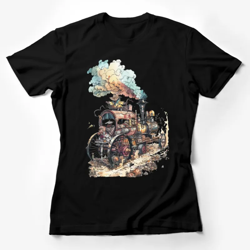 Vintage Train Illustration T-Shirt, Men's Steampunk Engine Tee, Unique Railroad Art Shirt, Gift for Train Enthusiasts and Hobbyists Female T-Shirt