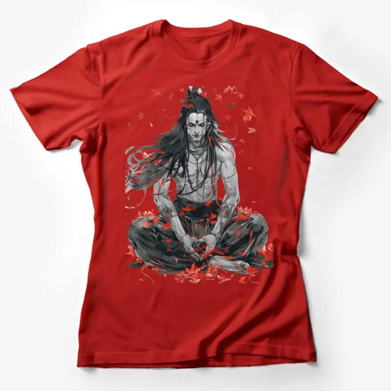 Anime-Inspired Warrior T-Shirt, Red and Black Graphic Tee, Stylish Manga Character Shirt, Unisex Casual Wear Female T-Shirt