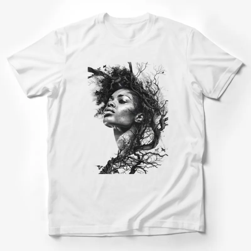 Nature-Inspired T-Shirt With Monochrome Woman and Tree Design, Artistic Female Portrait Tee, Graphic Black and White Shirt Male T-Shirt