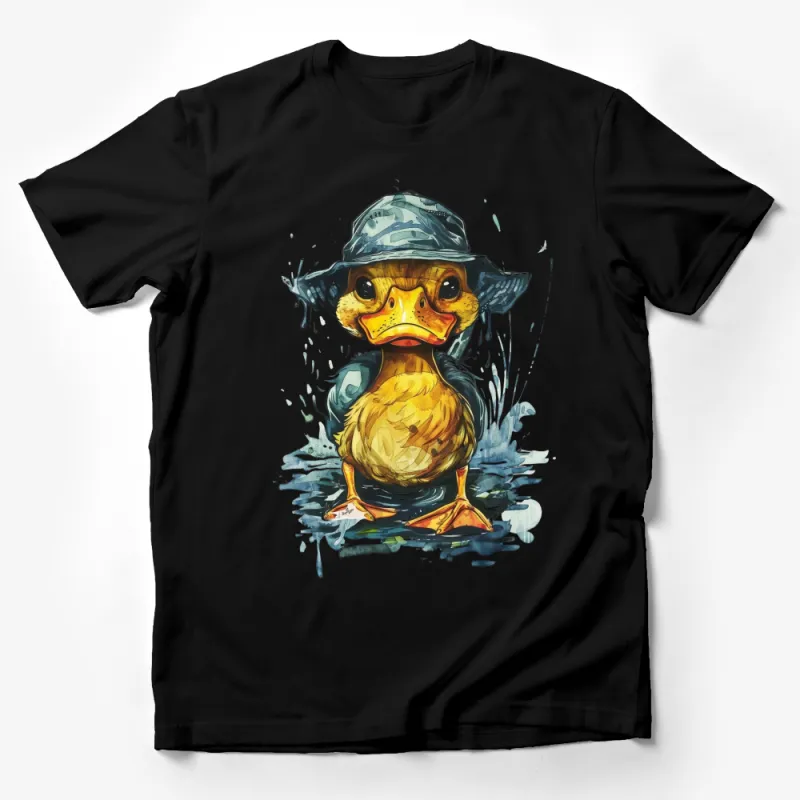 Funny Duck Watercolor Illustration T-Shirt, Cute Duckling with Hat Graphic Tee, Quirky Animal Art Unisex Shirt Male T-Shirt