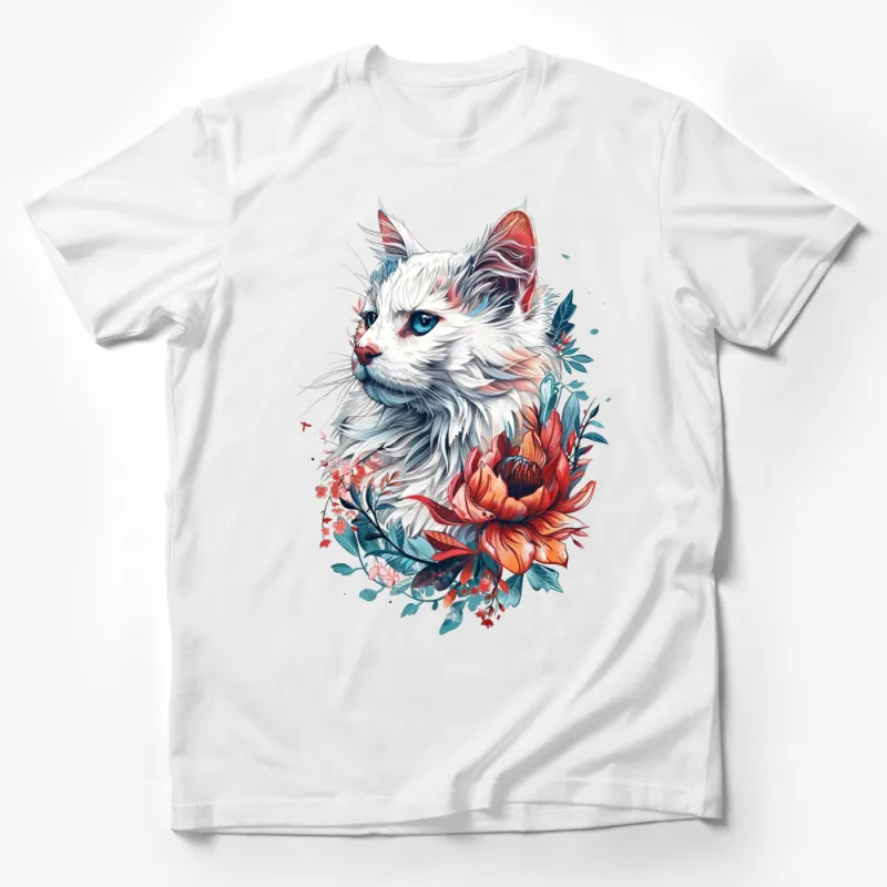 Floral Cat T-Shirt, Colorful Feline and Flower Art Tee, Unique Animal Graphic Shirt, Gift for Cat Lovers, Soft Cotton Unisex Top Male T-Shirt