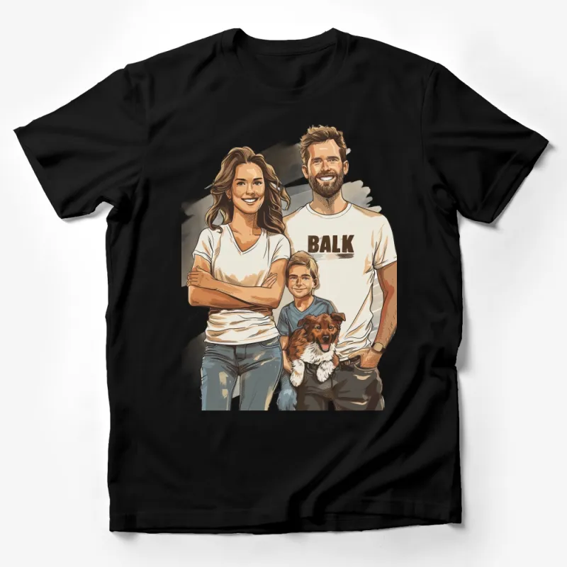 Family Portrait T-Shirt, Custom Art Tee, Personalized Family and Pet Illustration, Unique Gift for Parents Male T-Shirt