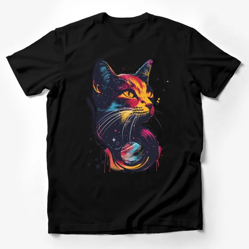 Colorful Galaxy Cat T-Shirt, Cosmic Feline Space Design Tee, Vibrant Abstract Animal Print, Artistic Casual Wear, Unisex Shirt Gift Male T-Shirt