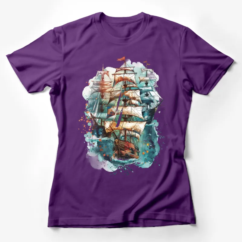 Vintage Nautical Ship T-Shirt, Watercolor Pirate Ship Tee, Men's Sailing Graphic Shirt, Unique Maritime Gift, Cool Ocean Design Top Female T-Shirt