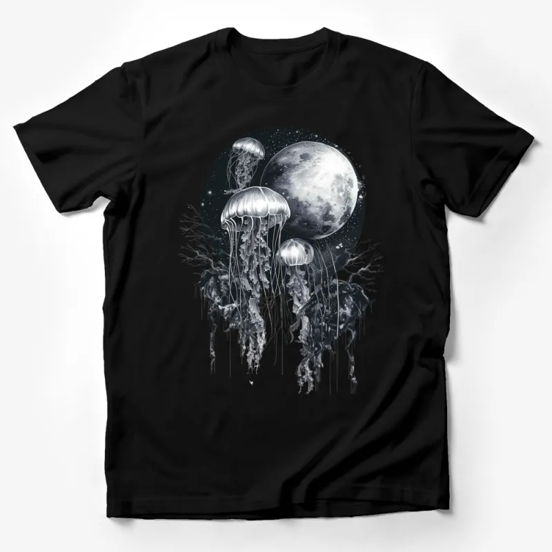 Jellyfish Moon Fantasy T-Shirt, Monochrome Nature Art Tee, Mystical Wildlife Moonlight Top, Unisex Graphic Shirt for All Ages Male T-Shirt