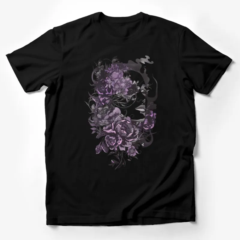 Women's Floral Portrait T-Shirt, Artistic Flower Illustration Tee, Graphical Black and Purple Shirt Male T-Shirt