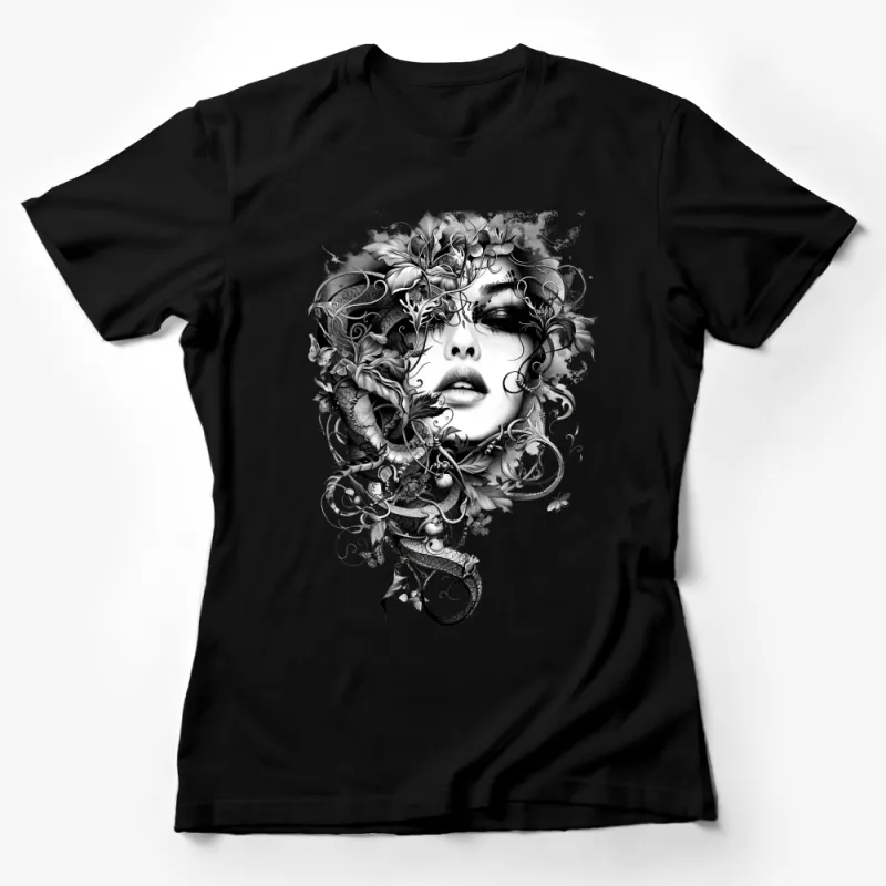 Women's Mystical Fantasy Art T-Shirt, Floral Serpent Graphic Tee, Monochrome Illustration Shirt, Bohemian Style Clothing, Unique Artwear Female T-Shirt