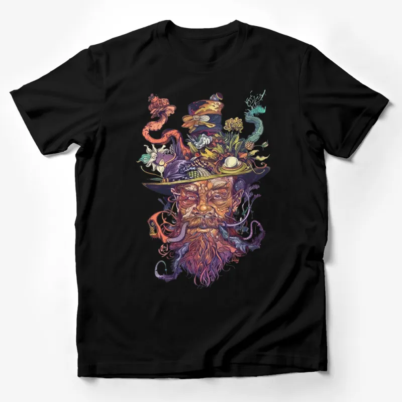 Unique Whimsical Fantasy T-Shirt, Colorful Illustrated Bearded Man, Surreal Art Imaginative Apparel, Unisex Comfort Fit Tee Male T-Shirt