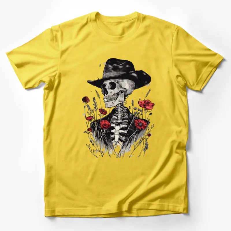 Gothic Skull T-Shirt, Vintage Cowboy Hat, Floral Skeleton Tee, Unisex Graphic Shirt, Dark Aesthetic Clothing, Poppies and Bones Apparel Male T-Shirt