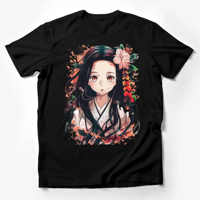 Anime Girl T-Shirt, Floral Art Tee, Manga Style Clothing, Japanese Aesthetic Top, Unique Anime Lover Gift, Casual Wear, Street Fashion Male T-Shirt