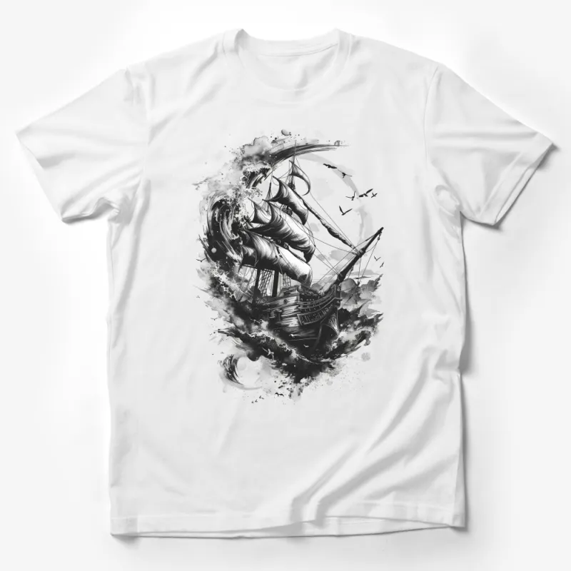 Pirate Ship Graphic Tee, Black and White Nautical T-Shirt, Vintage Sailing Ship Illustration, Unisex Adult Clothing, Sea Adventure Top Male T-Shirt