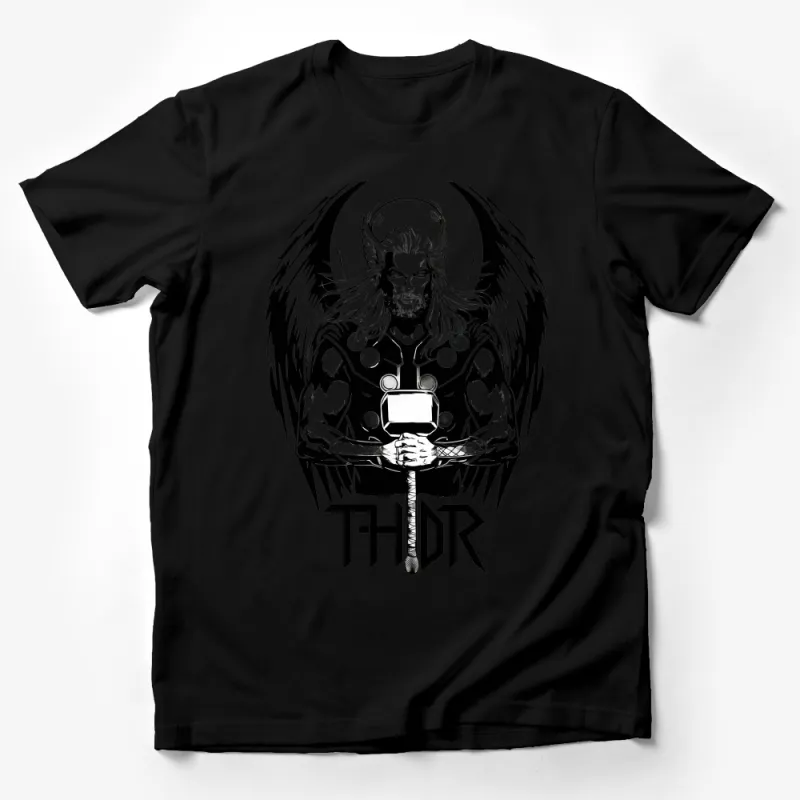 Mythical Thunder God Graphic Tee, Norse Mythology Hammer Hero, Men's Black and White T-Shirt, Viking Warrior with Wings Design Male T-Shirt