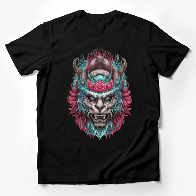 Mythical Beast T-Shirt, Oni Demon Samurai Mask Graphic Tee, Unique Fantasy Art Streetwear, Vibrant Colors Illustration Shirt Male T-Shirt