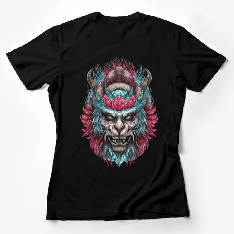 Mythical Beast T-Shirt, Oni Demon Samurai Mask Graphic Tee, Unique Fantasy Art Streetwear, Vibrant Colors Illustration Shirt Female T-Shirt