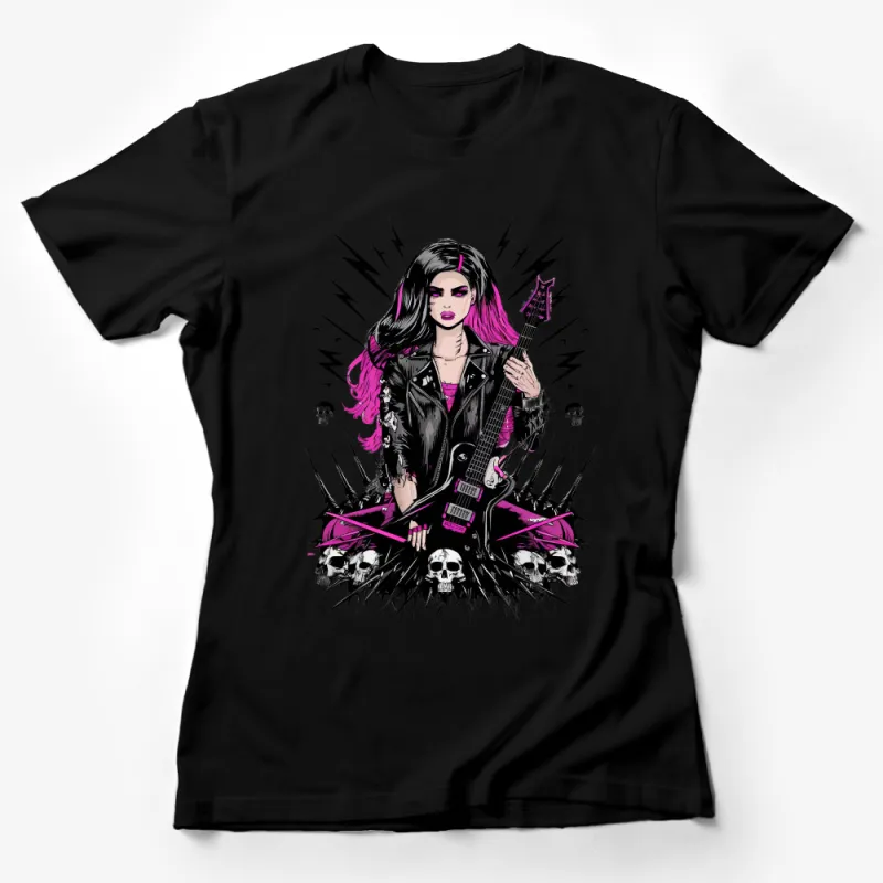 Women's Rocker Style T-Shirt with Pink-Haired Guitarist Graphic, Edgy Fashion Top, Guitar Shirt for Her Female T-Shirt