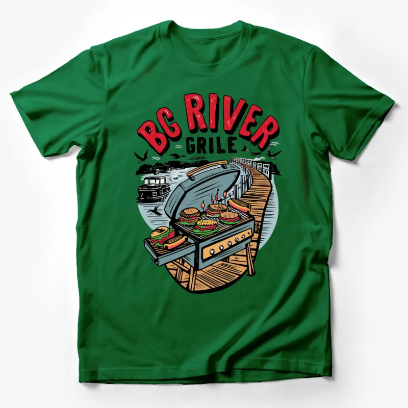 Big River Grille Graphic Tee, BBQ Party T-Shirt, Summer Grill Outfit, Outdoor Cooking, Boat and Burgers Unisex Shirt Male T-Shirt