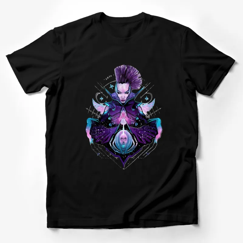 Women's Galactic Warrior Graphic Tee, Sci-Fi Cyberpunk Style T-Shirt, Unique Cosmic Battle Art Print Top, Vibrant Fashion Male T-Shirt