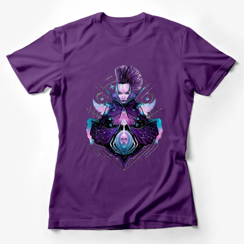 Women's Galactic Warrior Graphic Tee, Sci-Fi Cyberpunk Style T-Shirt, Unique Cosmic Battle Art Print Top, Vibrant Fashion Female T-Shirt