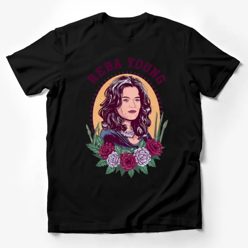 Reba Young Inspired Graphic Tee, Vintage Style Country Music T-Shirt, Floral Musician Portrait Top, Unisex Male T-Shirt