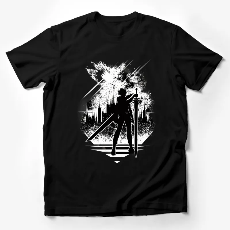 Fantasy Warrior Silhouette T-Shirt, Urban Grunge Style Tee, Unisex Graphic Shirt, Black and White Urban Fantasy Apparel Male T-Shirt