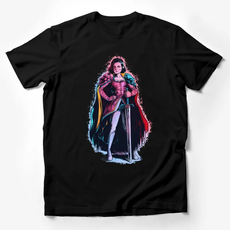 Women's Fantasy Warrior T-Shirt, Colorful Knight Illustration, Female Hero Tee, Casual Geek Fashion, Unique Graphic Shirt, Bold Statement Top Male T-Shirt