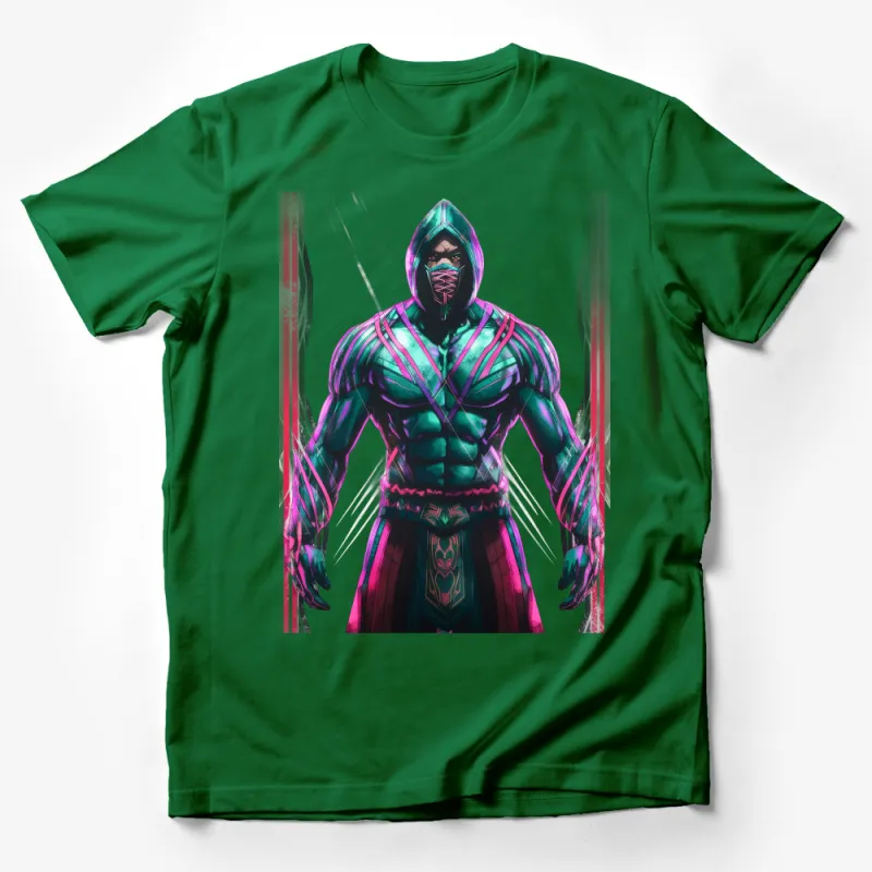 Men's Vibrant Ninja Warrior Graphic Tee, Colorful Samurai T-Shirt, Urban Style Streetwear, Bold Anime-Inspired Shirt Design Male T-Shirt