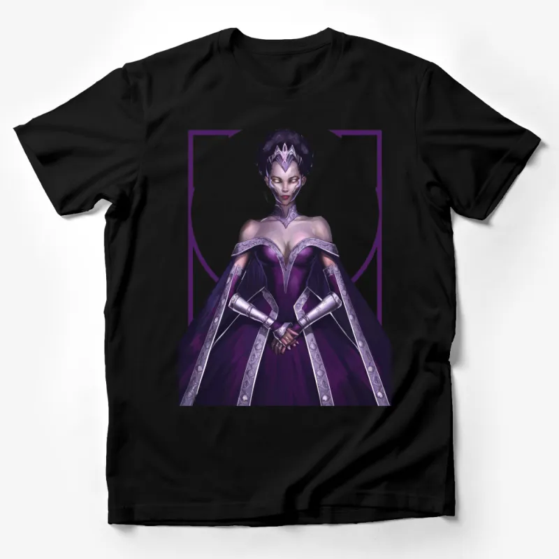 Fantasy Queen Character Art T-Shirt, Purple Royalty Digital Print, Women's Fashion, Unique Graphic Tee, Elegant Design Male T-Shirt