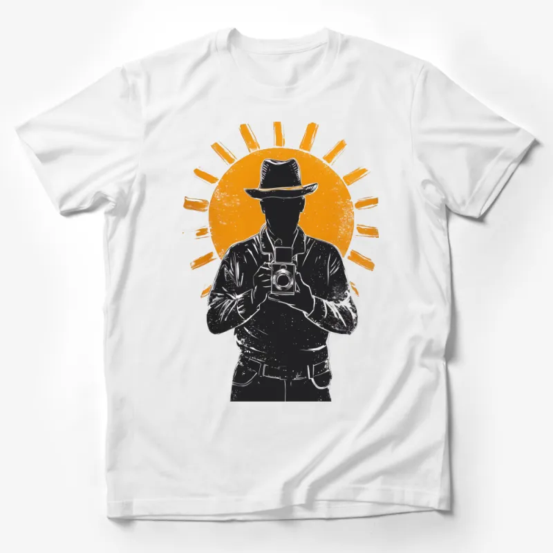 Vintage Camera Photographer Silhouette T-Shirt, Retro Photography Enthusiast Tee, Artistic Sunburst Graphic Shirt Unisex Male T-Shirt