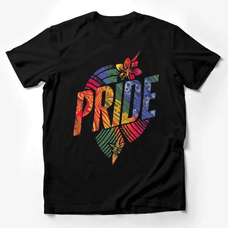 Rainbow Pride T-Shirt with Floral Pattern, Unisex LGBTQ+ Support Tee, Colorful Summer Pride Festival Clothing, Gift Male T-Shirt