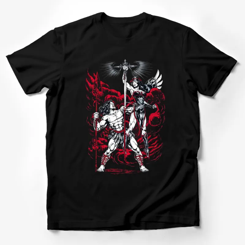 Angel Warrior Graphic Tee, Mythical Battle Artwork, Unisex Fantasy T-Shirt, Spiritual Fighter Design, Red and White Male T-Shirt