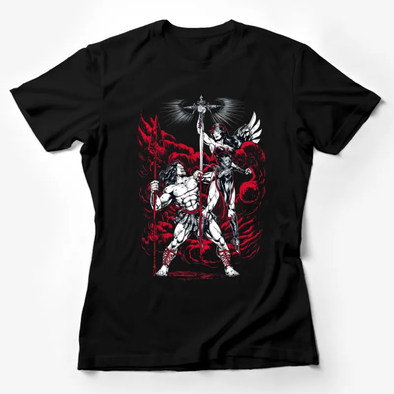 Angel Warrior Graphic Tee, Mythical Battle Artwork, Unisex Fantasy T-Shirt, Spiritual Fighter Design, Red and White Female T-Shirt