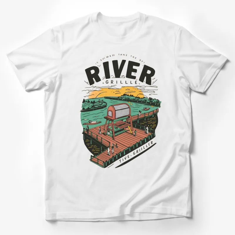 Vintage River Grille T-Shirt, Summer BBQ Grill Party Shirt, Retro Boat Dock Graphic Tee, Unique Gift for Grill Masters Male T-Shirt