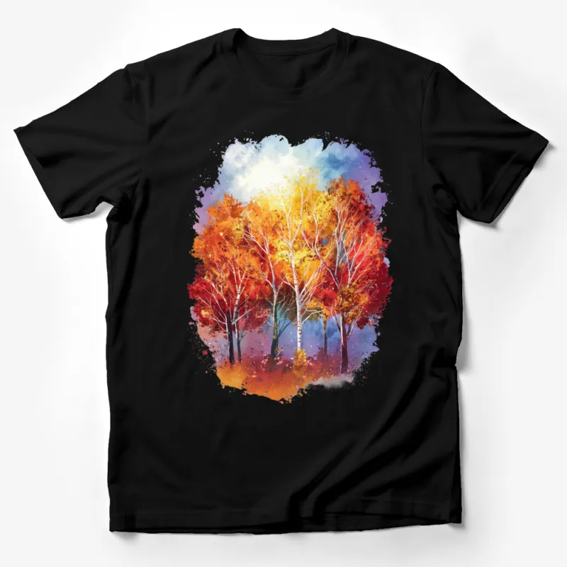 Autumn Forest Watercolor Art T-Shirt, Nature Landscape Tee, Fall Trees Graphic Shirt, Unisex Fashion Top Male T-Shirt