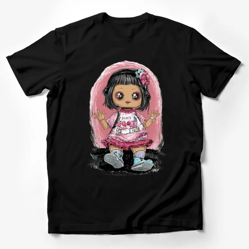 Cute Cartoon Girl T-Shirt, Quirky Illustration Tee, Artsy Kid Doll Graphic, Unique Music Lover Top, Pink Male T-Shirt