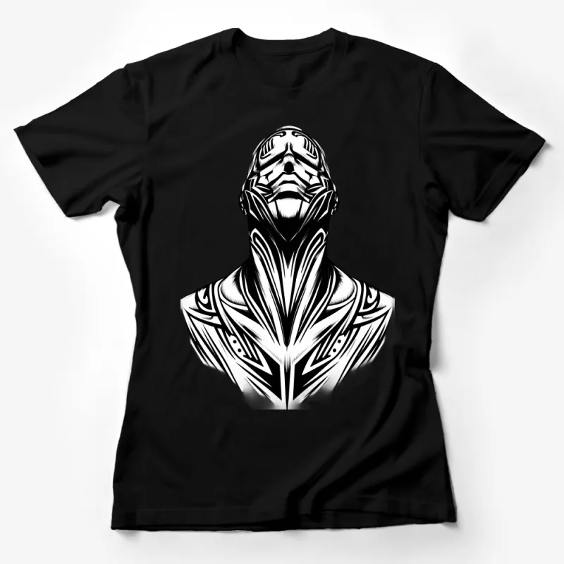 Abstract Tribal Mask Design T-Shirt, Black and White Art Tee, Unisex Graphic Shirt, Casual Streetwear Top, Unique Tattoo Style Clothing Female T-Shirt