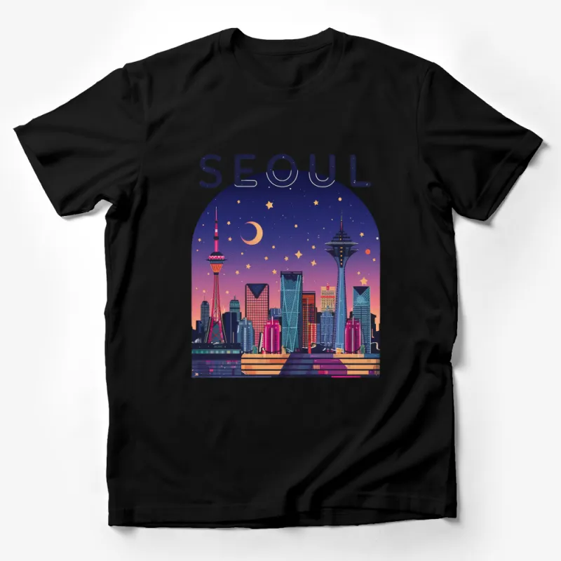 Seoul Skyline T-Shirt, Colorful Night Cityscape Tee, Korean Travel Souvenir Top, Urban Unisex Clothing, Gift for Korea Lovers Male T-Shirt