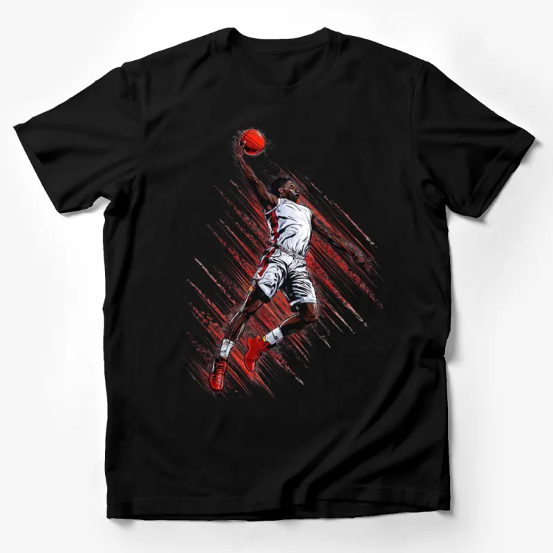 Men's Basketball Player Slam Dunk Graphic T-Shirt, Athletic Sports Tee, Urban Streetwear, Vibrant Red Splash Design, Gift for Hoops Fans Male T-Shirt