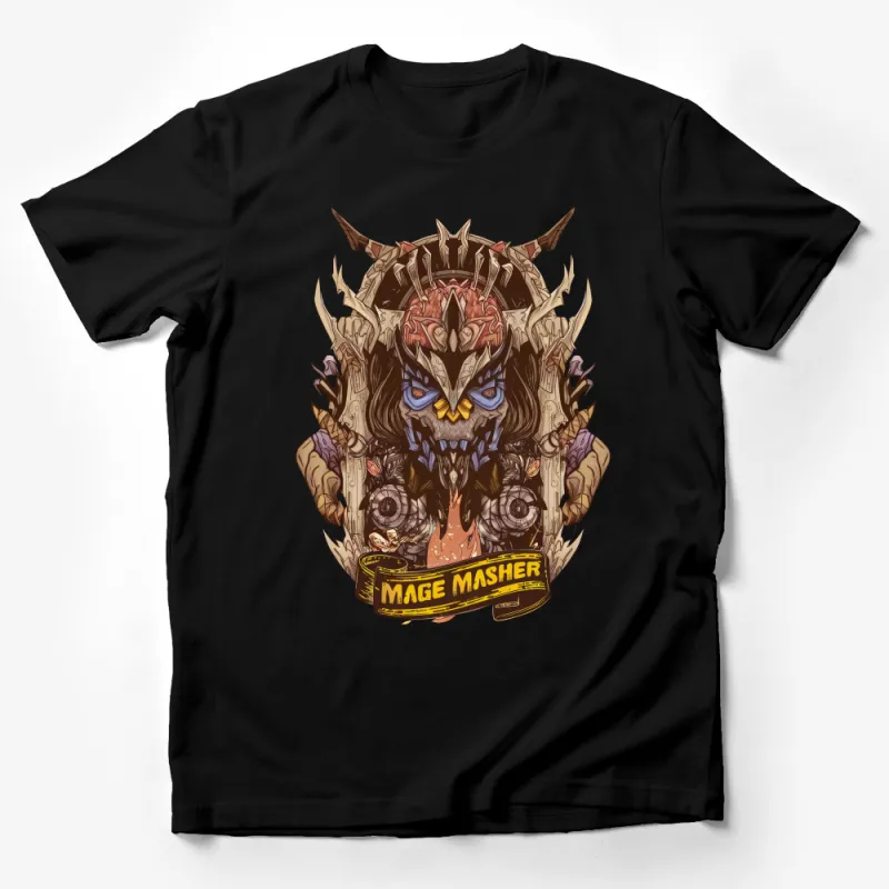 Fantasy Warrior Graphic T-Shirt, Mage Masher Design with Mystical Creatures Male T-Shirt