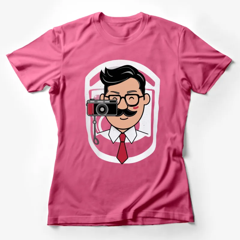 Hipster Photographer Cartoon Character with Camera T-Shirt, Unique Graphic Tee Female T-Shirt