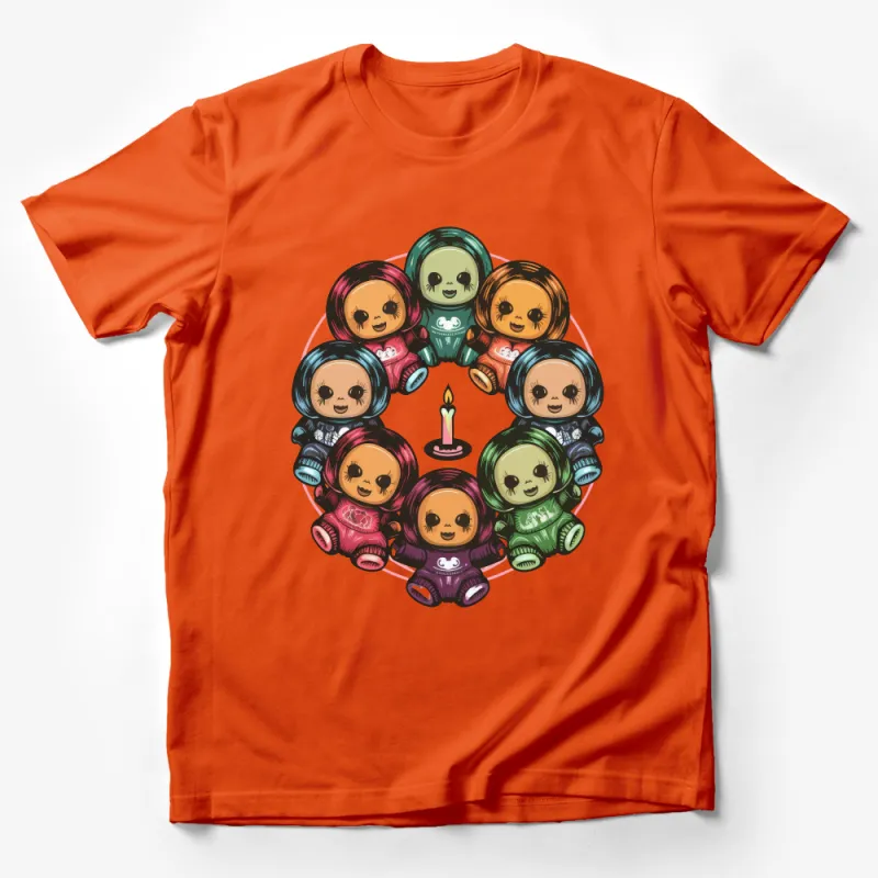 Circle of Cute Cartoon Skull Dolls Birthday Celebration T-Shirt Design Male T-Shirt