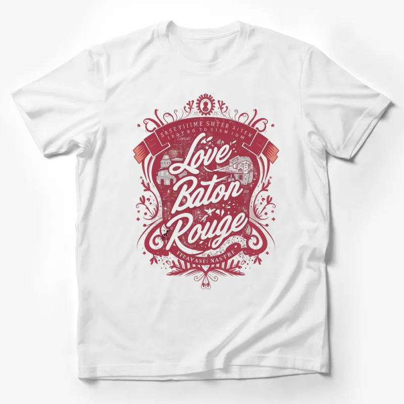 Baton Rouge Love T-Shirt, Vintage Inspired Floral Heart Design, Unisex Tee for Louisiana Lovers Male T-Shirt