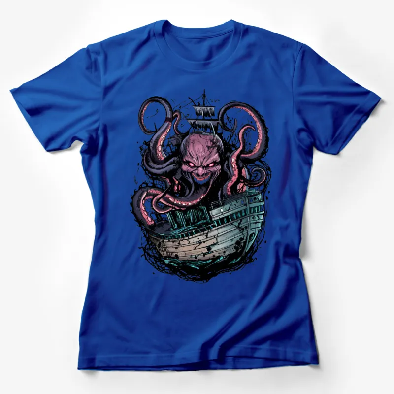 Menacing Kraken Attacks Ship Graphic Tee, Dark Nautical Monster Ocean T-Shirt Design Female T-Shirt