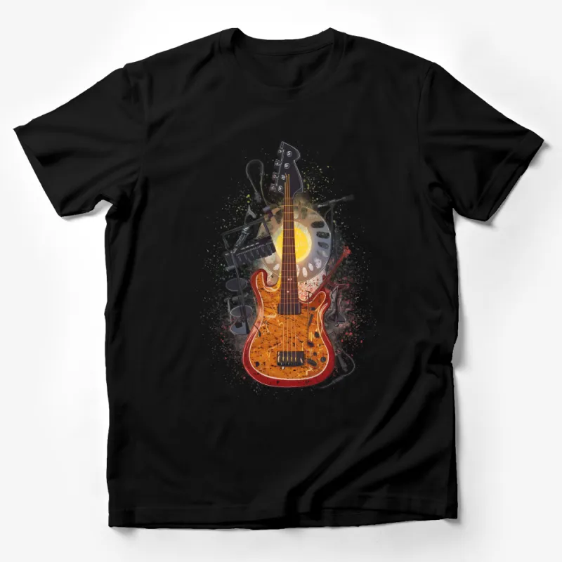 Sunset Guitar T-Shirt, Music Lover Tee, Abstract Design Guitarist Shirt, Unisex Graphic Tee, Band Musician Gift, Rock Concert Apparel Male T-Shirt