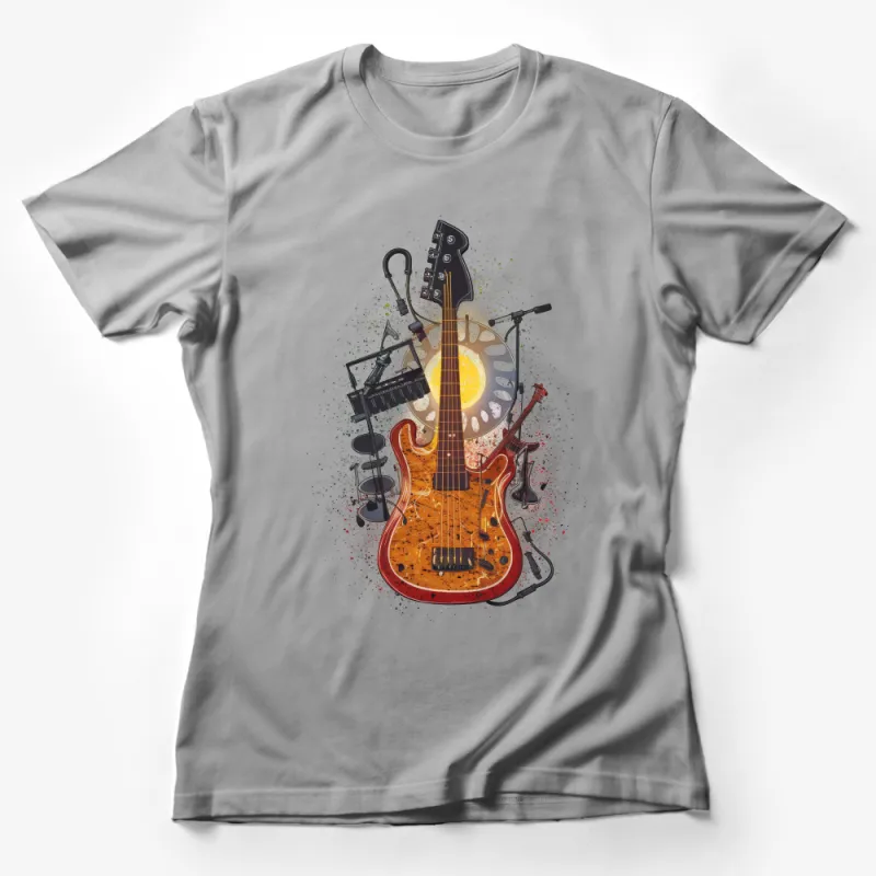 Sunset Guitar T-Shirt, Music Lover Tee, Abstract Design Guitarist Shirt, Unisex Graphic Tee, Band Musician Gift, Rock Concert Apparel Female T-Shirt